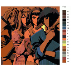 Живопись по номерам BRUSHES-PAINTS Аниме: Ковбой Бибоп (Cowboy Bebop). Спайк Шпигель, Фэй Валентайн, Джулия, Вишез (Spike Spiegel, Faye Valentine, Julia, Vicious)