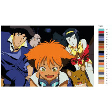 Живопись по номерам BRUSHES-PAINTS Аниме: Ковбой Бибоп (Cowboy Bebop). Спайк Шпигель, Фэй Валентайн, Джет Блэк, Эдвард (Spike Spiegel, Faye Valentine, Jet Black, Edward)