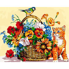 Картина по номерам Paintboy Котенок и синичка, 40x50 см