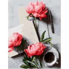 Картина по номерам Две картинки Книга, пионы и кофе на подрамнике 40x50 Картина по номерам Две картинки Книга, пионы и кофе на подрамнике 40x50