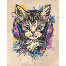 Картина по номерам на холсте с подрамником "Музыкальный котик", 43х34 см., мольберт и палитра-подставка